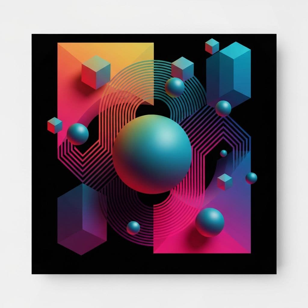 Abstract geometric patterns with gradient colors, 3D rendered spheres and cubes, modern minimalist art