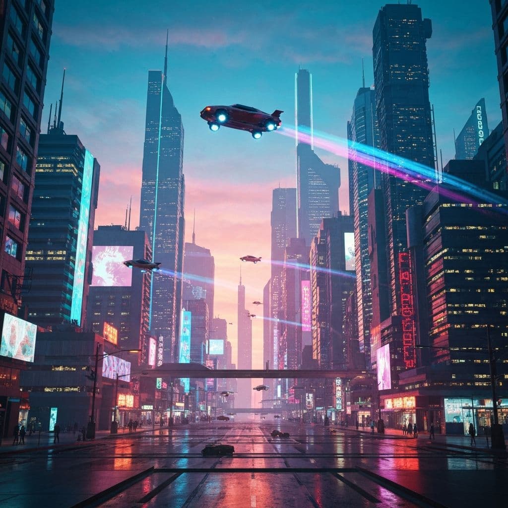 A futuristic neon cityscape with flying cars at sunset, cyberpunk aesthetic, volumetric lighting, highly detailed, 8k