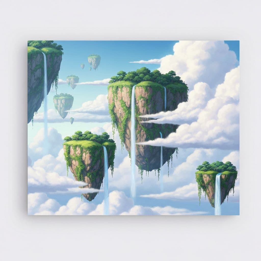 Surreal landscape with massive floating islands and cascading waterfalls, dreamlike clouds, Studio Ghibli inspired
Hi I am sleepy