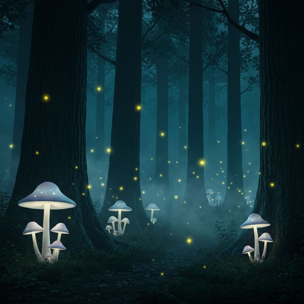 Mystical forest with bioluminescent mushrooms and fireflies, ethereal mist, fantasy art style, magical atmosphere