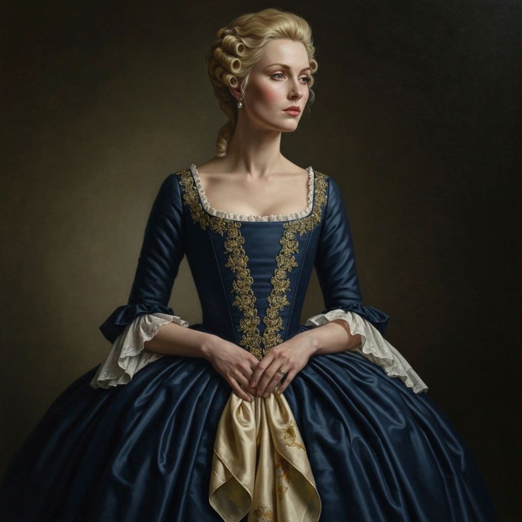 Elegant portrait of a woman in 18th century dress, oil painting style, chiaroscuro lighting, classical Renaissance art